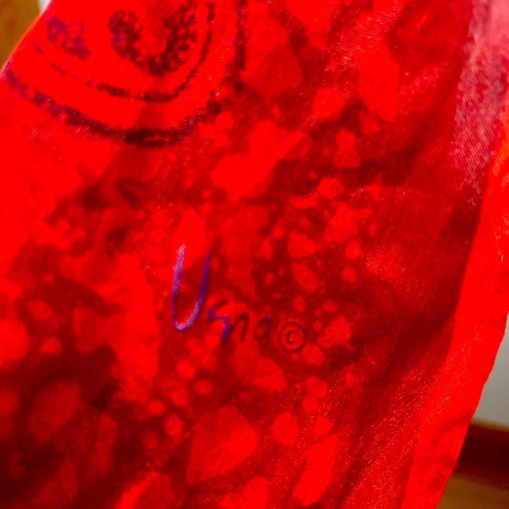 Vera silk scarf, red buttons/roses, oblong 40x10 inches